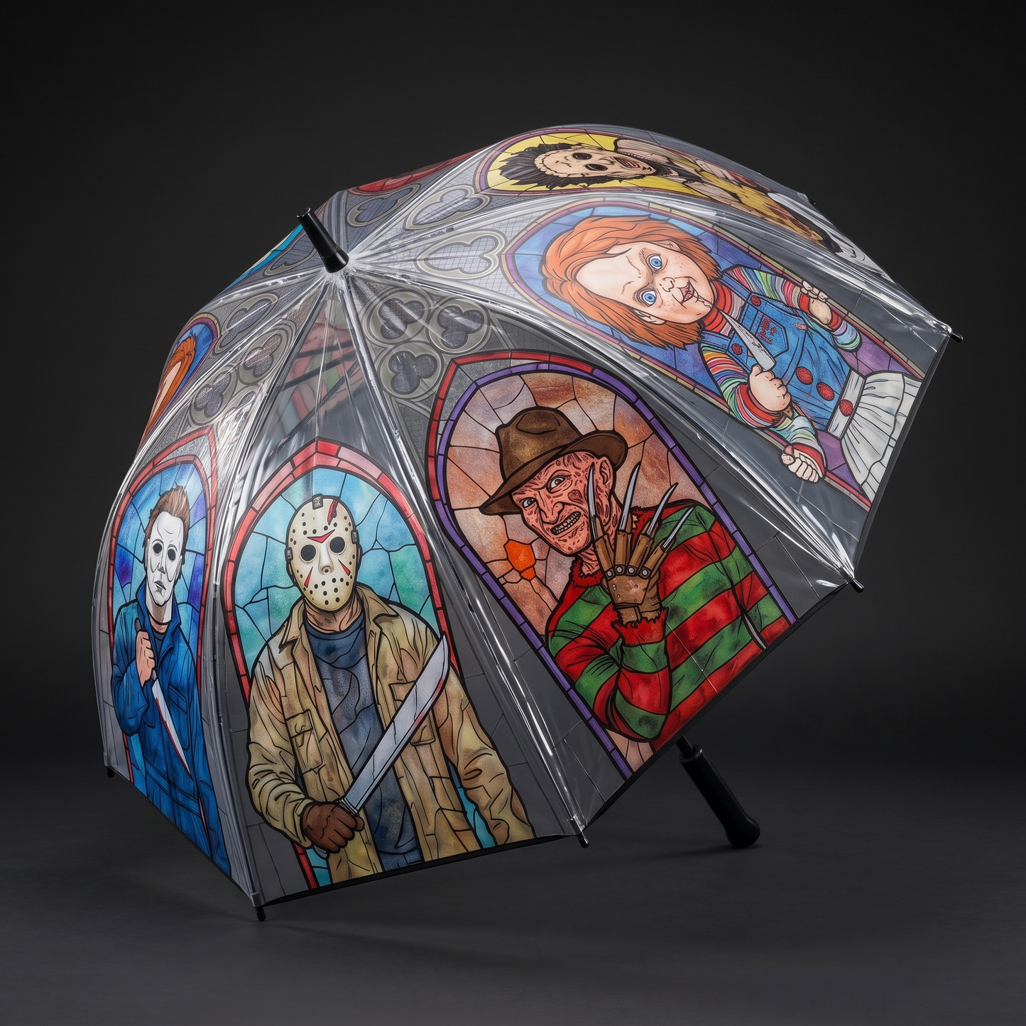 SlashShade Horror Icons Stained Glass Umbrella opened showing all eight horror movie villain panels