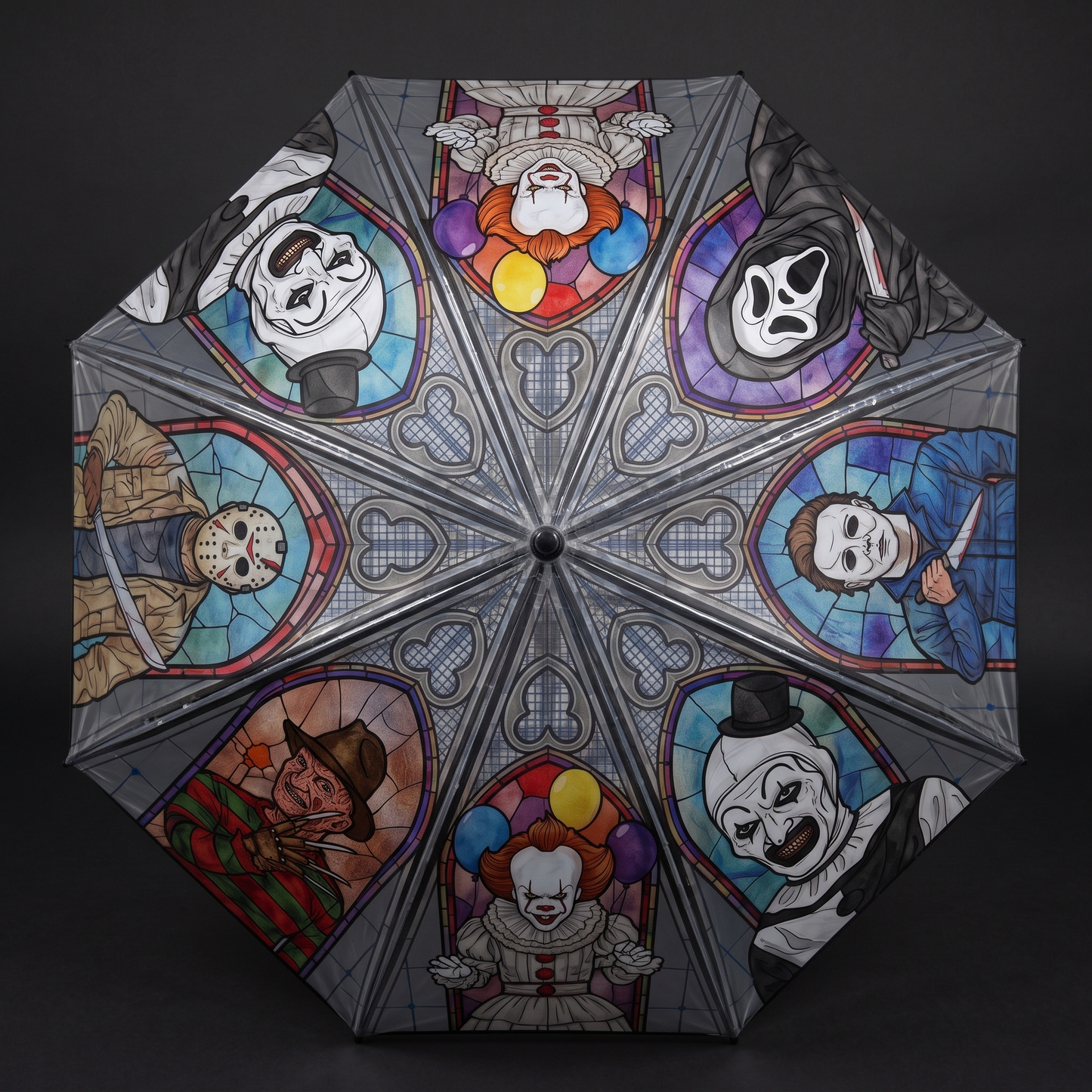 SlashShade Horror Icons Stained Glass Umbrella top-down mandala view of gothic cathedral horror panels