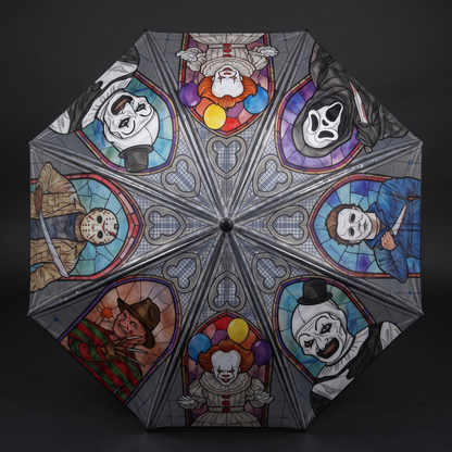 SlashShade Horror Icons Stained Glass Umbrella top-down mandala view of gothic cathedral horror panels