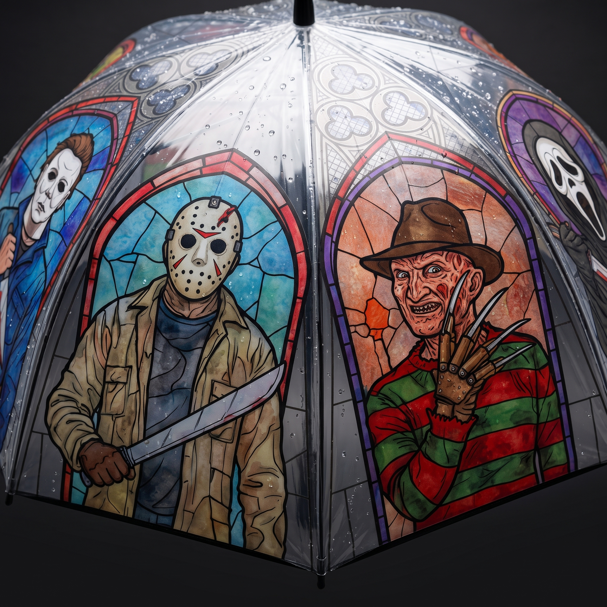 SlashShade Horror Icons Stained Glass Umbrella close-up of Freddy Krueger and Jason Voorhees stained glass panels with rain droplets