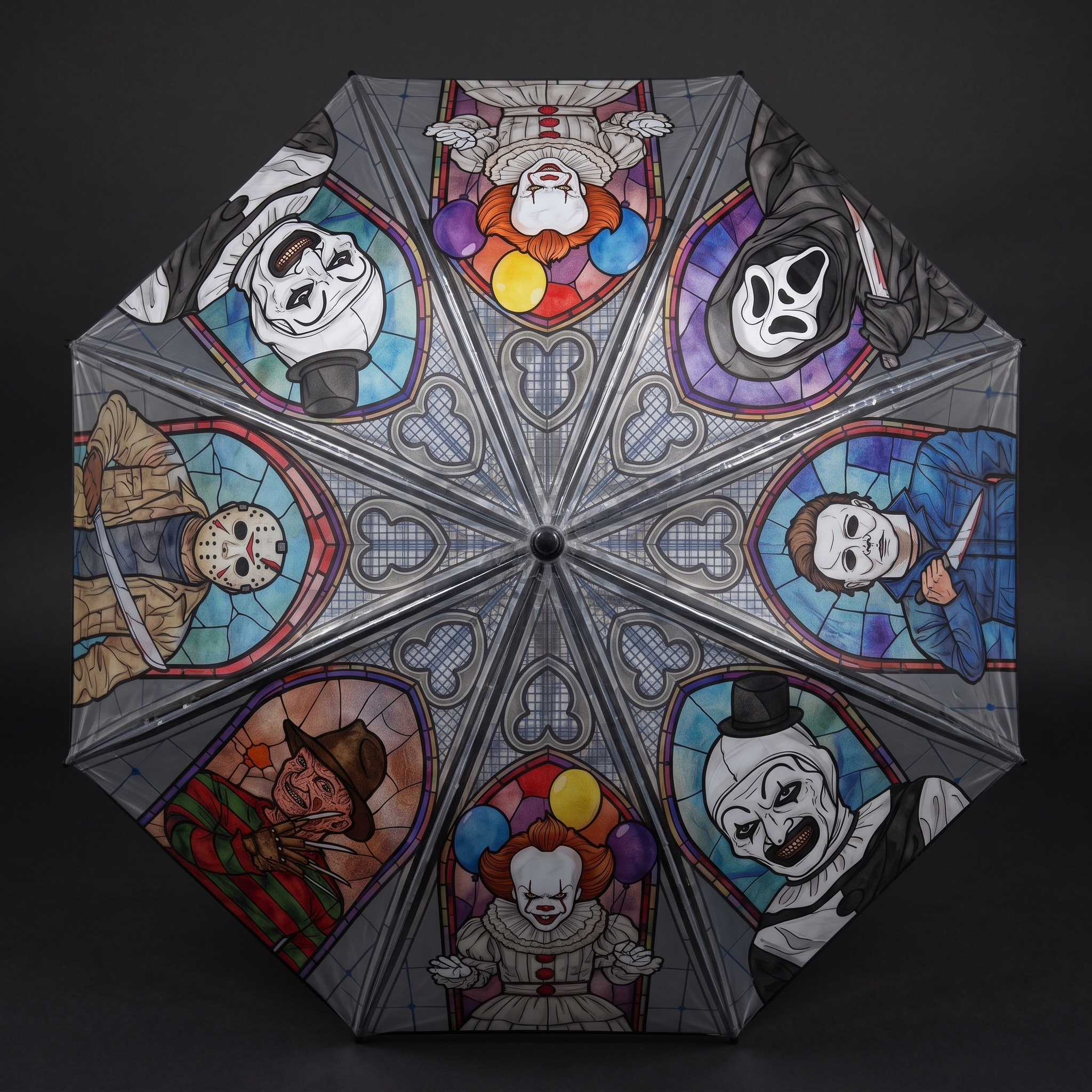 SlashShade horror stained glass umbrella top-down mandala hero